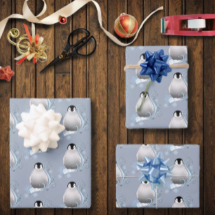 Whimsical Winter Penguin Art Nouveau Snowflakes Wrapping Paper Sheets