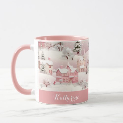 Whimsical Winter Pink Village Christmas Mug