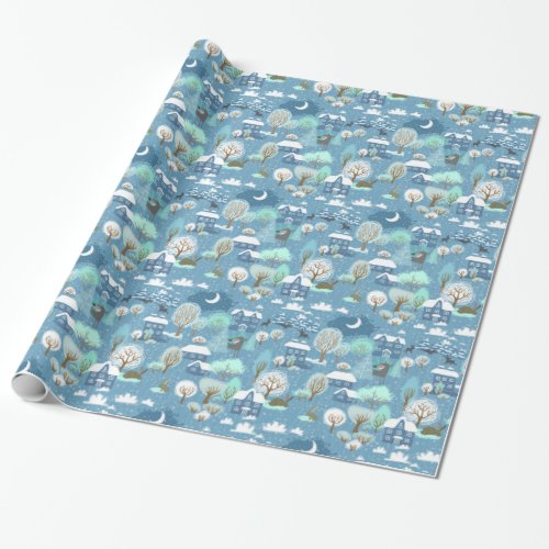 Whimsical Winter Scene in Blue Wrapping Paper