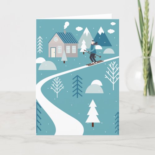 Whimsical Winter Snow Skiing in Teal Blue Holiday Card