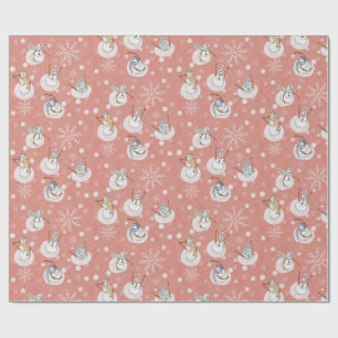 Whimsical Winter Snowmen at Play Muted Coral Pink Wrapping Paper