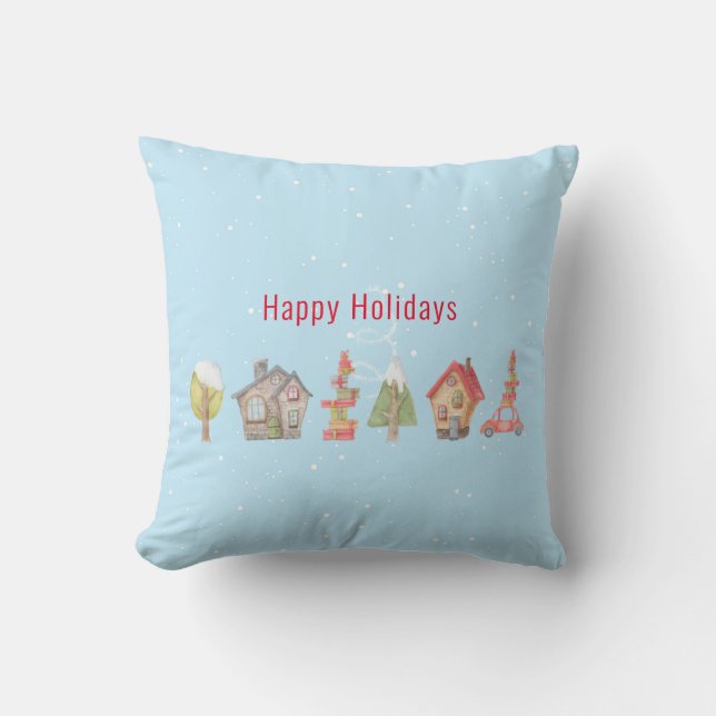 Whimsical Winter Street Holiday Throw Pillow (Front)