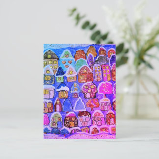 Whimsical Winter Village Colorful Folk Art Postcard