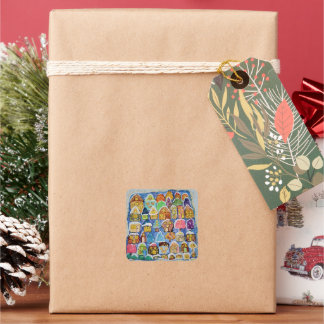Whimsical Winter Village Folk Art Christmas Gift Square Sticker