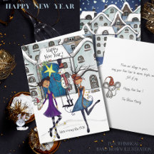 Whimsical Winter Village Happy New Year Greeting 