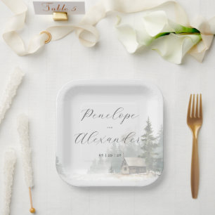 Whimsical Winter Watercolor Cabin Scene Paper Plates