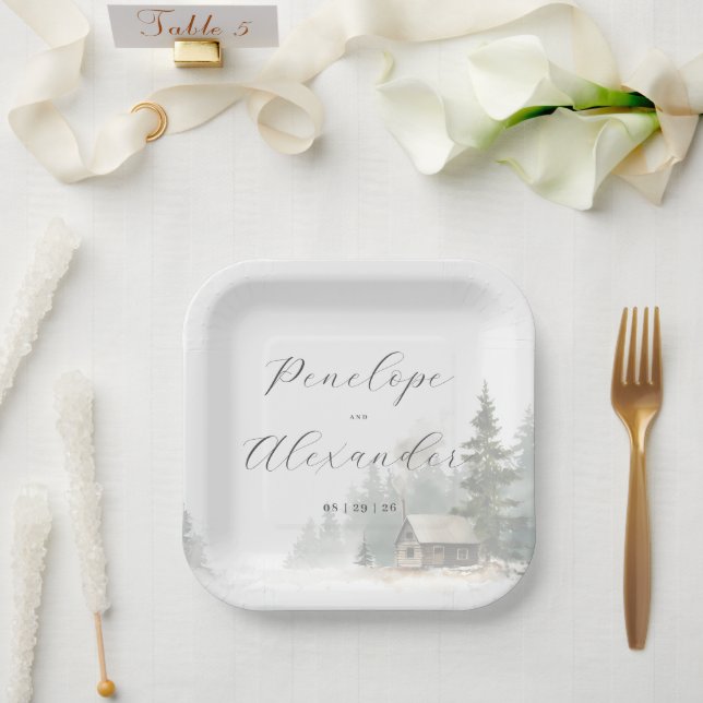 Whimsical Winter Watercolor Cabin Scene Paper Plates (Wedding)
