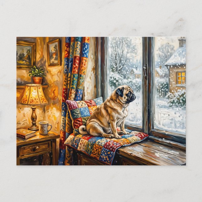Whimsical Winter Window Seat Mops Illustration Postcard (Front)