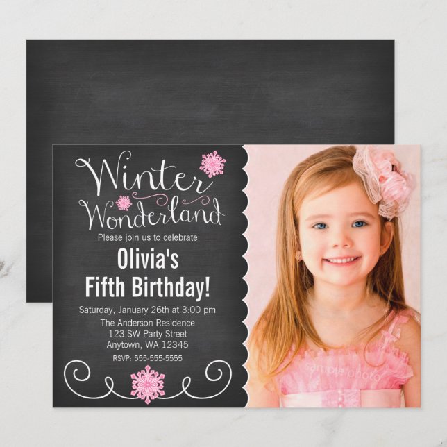 Whimsical Winter Wonderland Pink Photo Birthday Invitation (Front/Back)