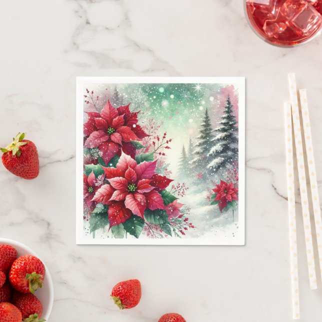 Whimsical Winter Wonderland Poinsettia Découpage Napkins (Insitu)