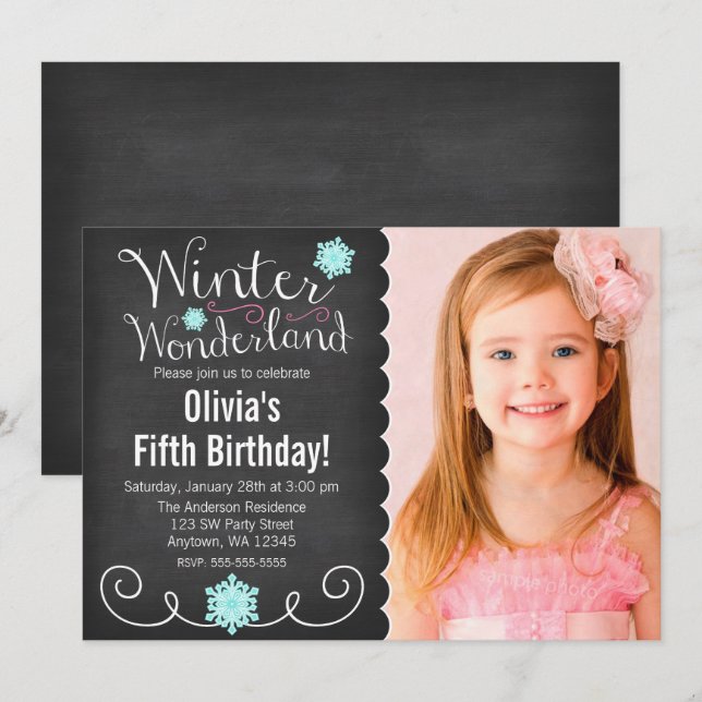 Whimsical Winter Wonderland Teal Photo Birthday Invitation (Front/Back)
