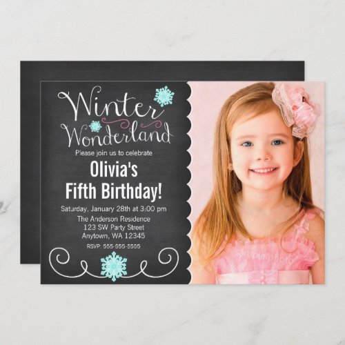 Whimsical Winter Wonderland Teal Photo Birthday Invitation