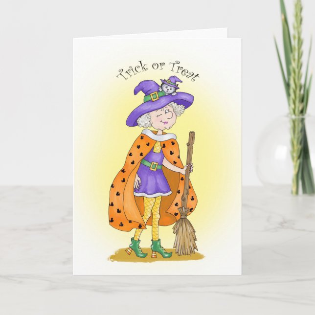 Whimsical Witch and Cat Card (Front)