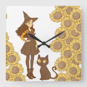 "Whimsical Witch and Cat Sunflower Wall Clock" Square Wall Clock