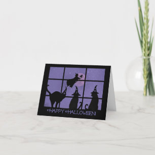 Whimsical Witch and Cats in Window Halloween Letterpress Thank You Card