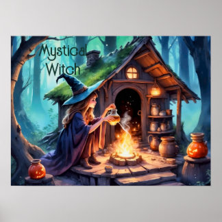 Whimsical Witch Brewing Potion Halloween Poster