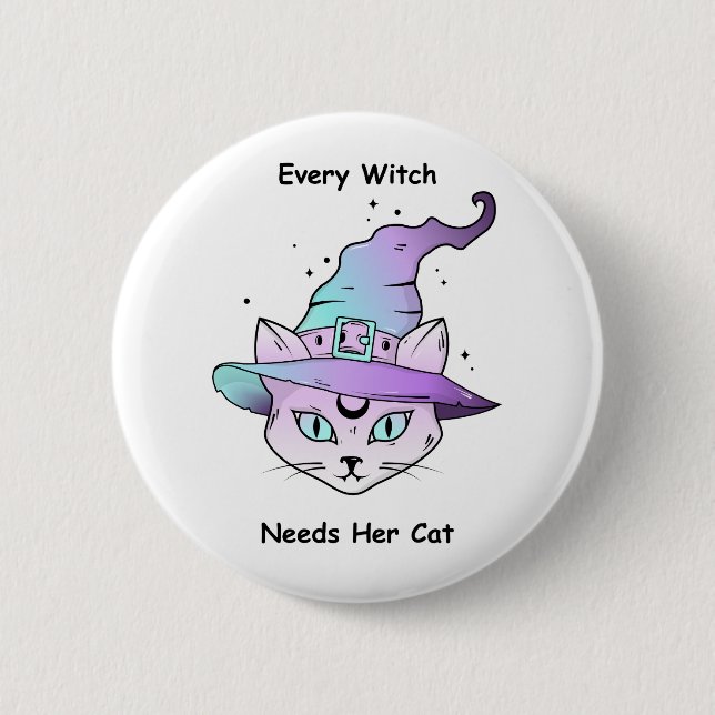 Whimsical Witch Cat Button (Front)