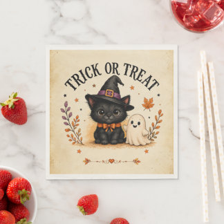 Whimsical Witch Cat & Ghost Trick or Treat Napkins