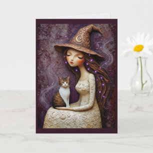 Whimsical Witch Cat Halloween Mystical Moon Card