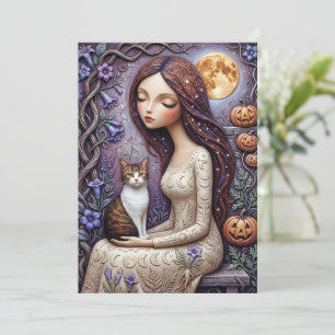 Whimsical Witch Cat Halloween Mystical Moon Card