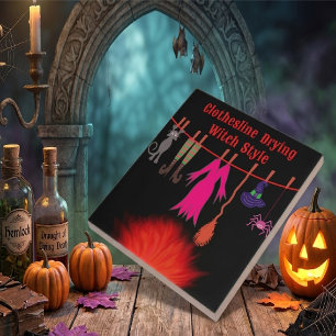 Whimsical Witch Clothesline Halloween Graphic Art Ceramic Tile