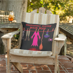 Whimsical Witch Clothesline Halloween Graphic Art Outdoor Pillow