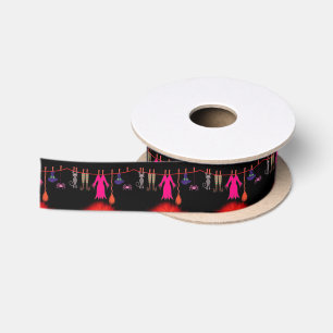 Whimsical Witch Clothesline Halloween Graphic Art Satin Ribbon