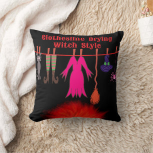 Whimsical Witch Clothesline Halloween Graphic Art Throw Pillow