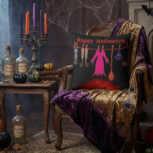 Whimsical Witch Clothesline Halloween Graphic Art Throw Pillow