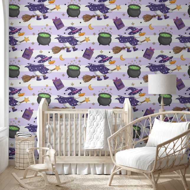 Whimsical Witch Duck & Spells Seamless Pattern Wallpaper (Kids)