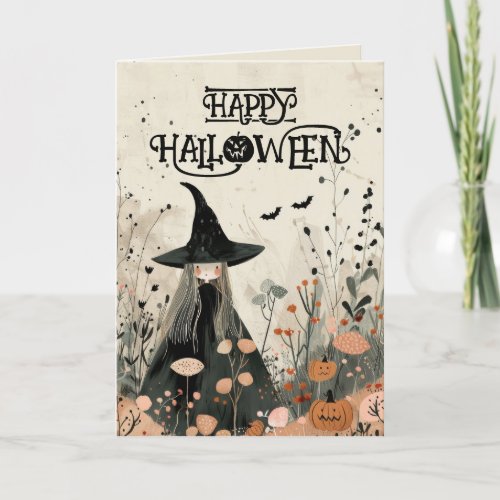 Whimsical Witch Fall Foliage Happy Halloween Card