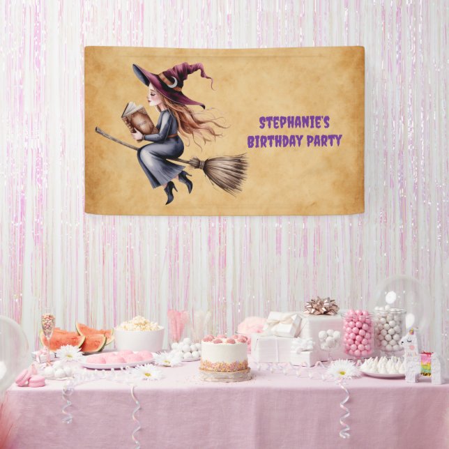 Whimsical Witch Flying Broom Girl Birthday Party  Banner (Party)