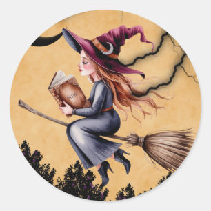 Whimsical Witch Flying Broom Girl Birthday Party Classic Round Sticker
