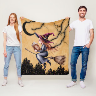 Whimsical Witch Flying Broom Girl Birthday Party Fleece Blanket