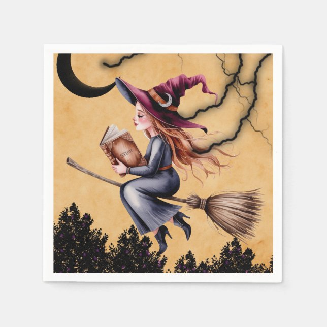 Whimsical Witch Flying Broom Girl Birthday Party Napkins (Front)