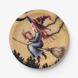 Whimsical Witch Flying Broom Girl Birthday Party Paper Plates