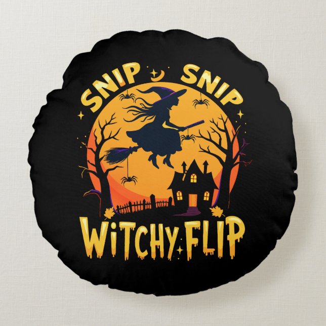 Whimsical Witch Halloween Design - Snip Snip Flip Round Pillow (Front)