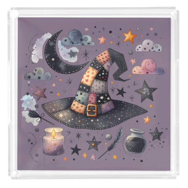 Whimsical Witch Hat and Celestial Magic Acrylic Tray (Front)