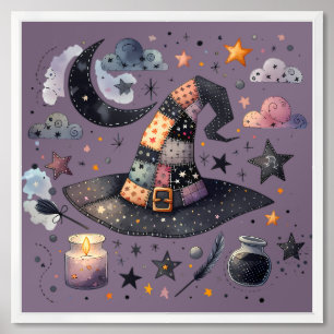 Whimsical Witch Hat and Celestial Magic Framed Art