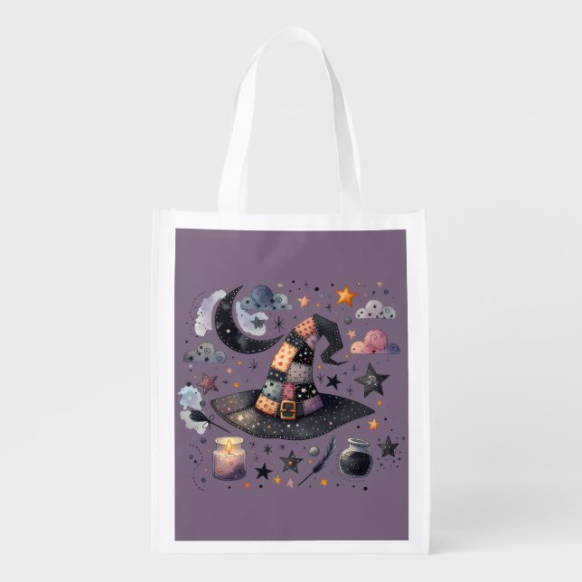 Whimsical Witch Hat and Celestial Magic Grocery Bag (Front)