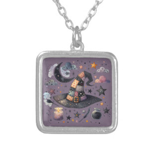 Whimsical Witch Hat and Celestial Magic Silver Plated Necklace