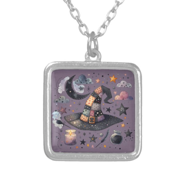 Whimsical Witch Hat and Celestial Magic Silver Plated Necklace (Front)