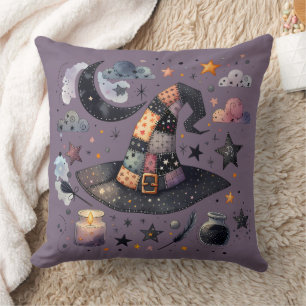 Whimsical Witch Hat and Celestial Magic Throw Pillow