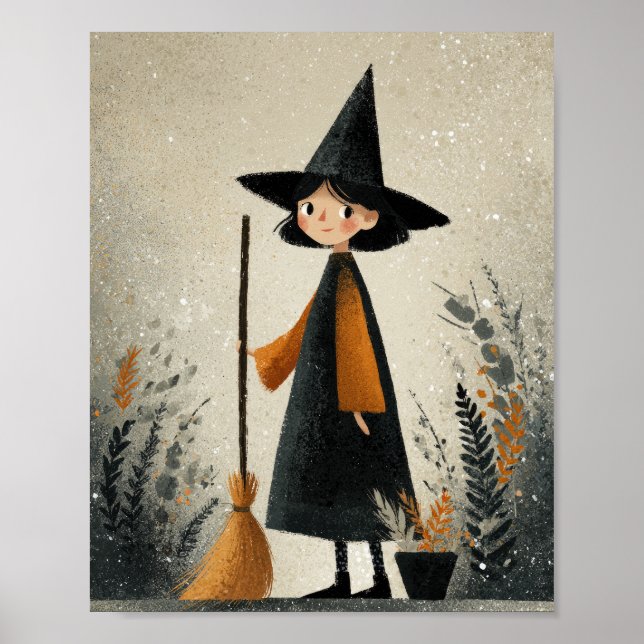 Whimsical Witch Illustration Halloween Nursery Poster (Front)