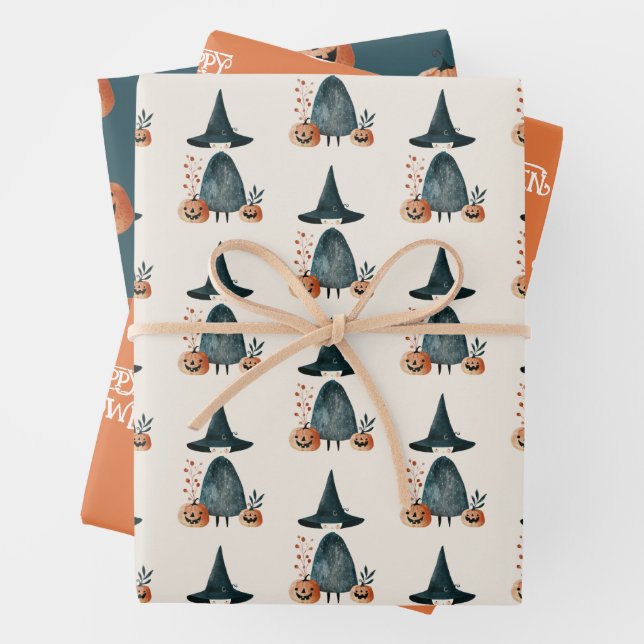 Whimsical Witch& Jack-o-Lanterns Halloween Pattern Wrapping Paper Sheets (In situ)