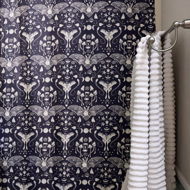 Whimsical Witch Mushrooms Dark Blue Halloween Goth Shower Curtain (Whimsigothic shower curtain: Midnight blue witch's mushroom garden pattern)