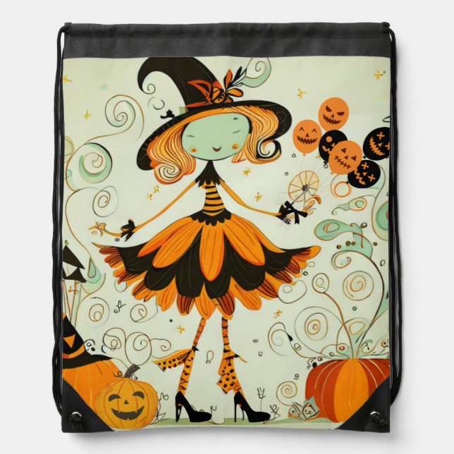 whimsical/witch/pumpkin/fall drawstring bag (Front)