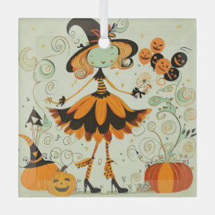 whimsical/witch/pumpkin/fall glass ornament