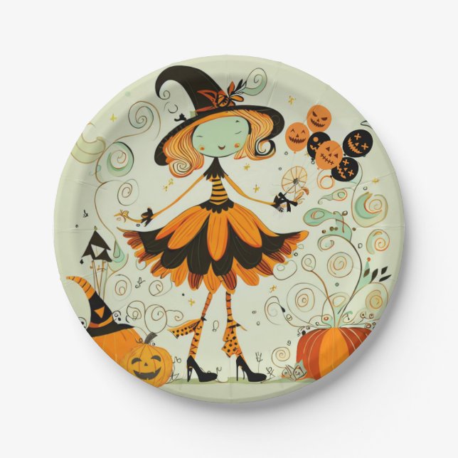 whimsical/witch/pumpkin/fall paper plates (Front)