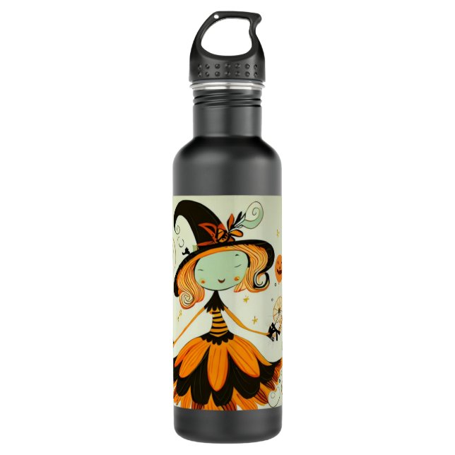 whimsical/witch/pumpkin/fall stainless steel water bottle (Front)